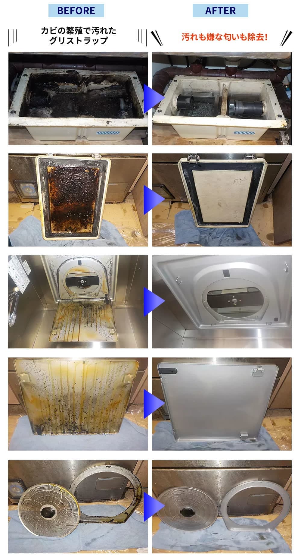 レンジフード分解洗浄のBEFORE、AFTER